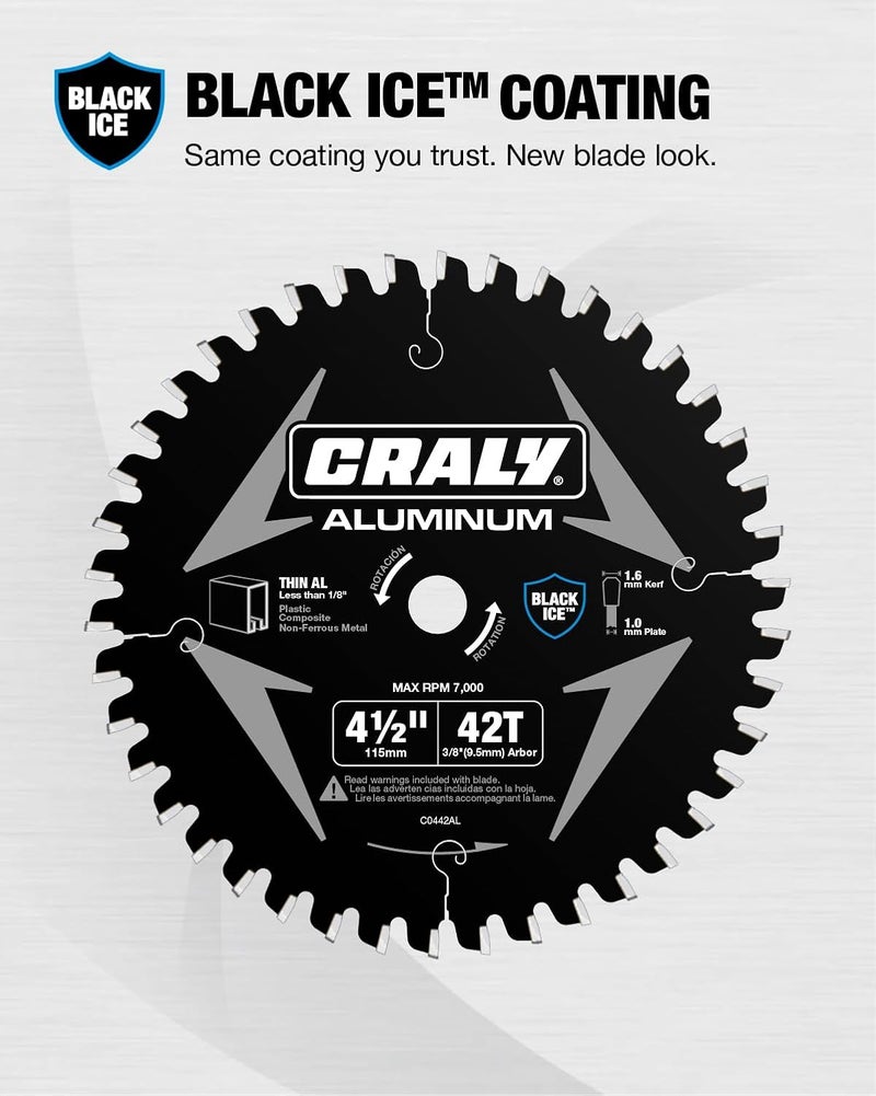 CRALY 4-1/2 Inch 42 Teeth Aluminum and Non-Ferrous Metal Cutting Circular Saw Blade, 3/8 mm Arbor, Carbide Tipped, Thin Kerf, Black Ice Coating, for Thin Aluminum, Plastic, Composite(C0442AL) - Image 2